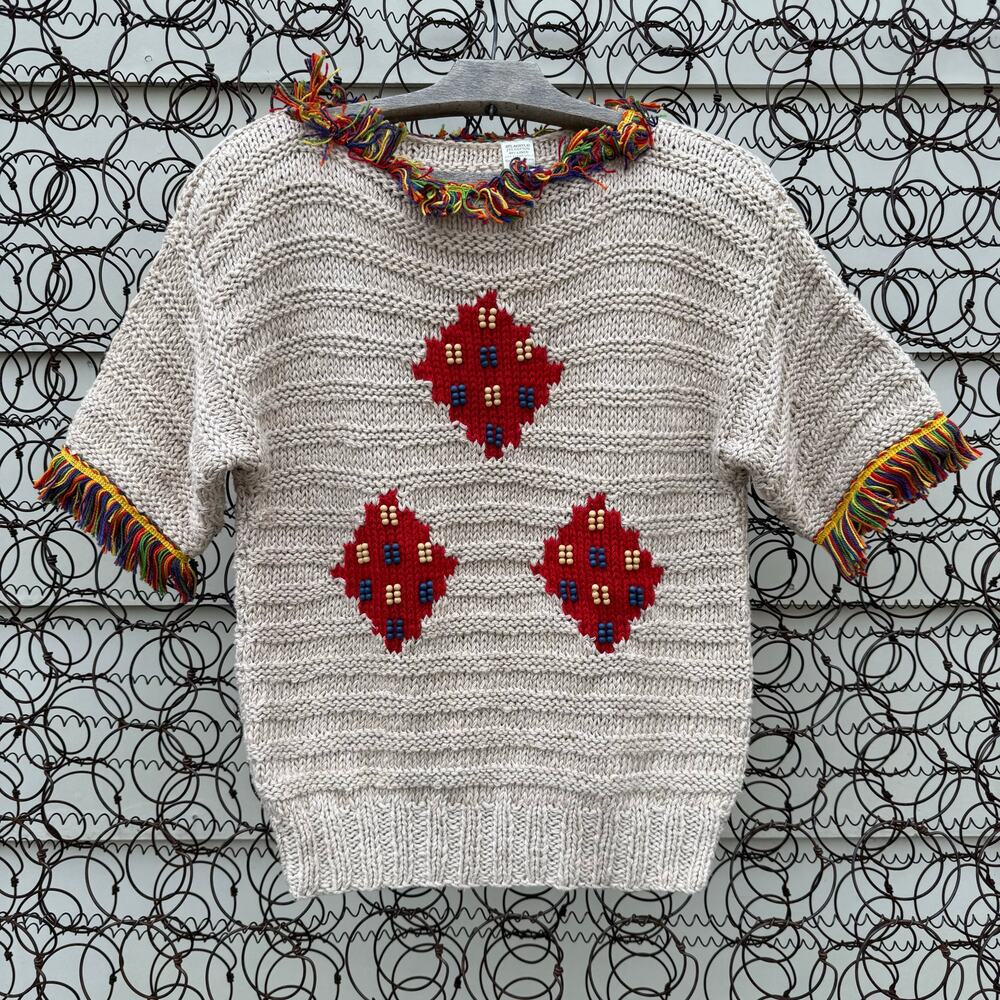 Vintage 90s Boho Fringe Bead Hippie Square Argyle Short Sleeve Sweater SMALL